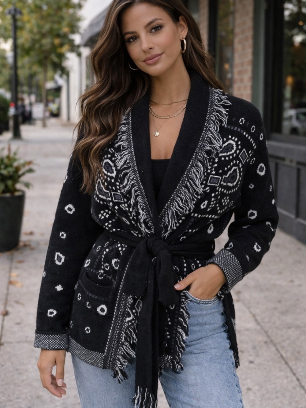 Black Patterned Shawl-Collar Tie-Belt Cardigan Sweater